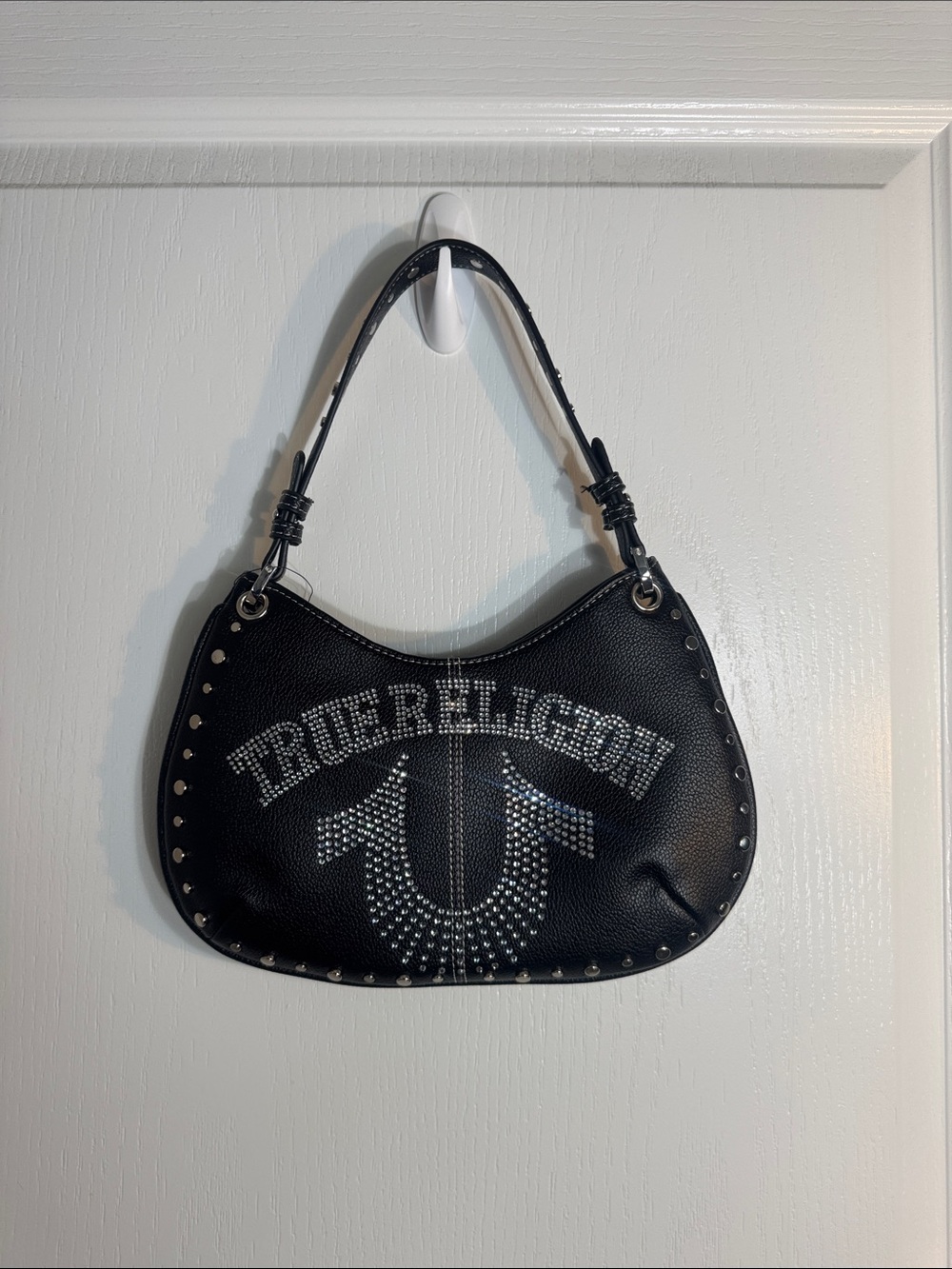 True Religion Black Crystal Studded Logo Shoulder Bag